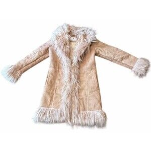 Long Penny Lane Style Genuine Shearling Tan Sheepskin Coat  Fur-Lined & Trim Y2K
